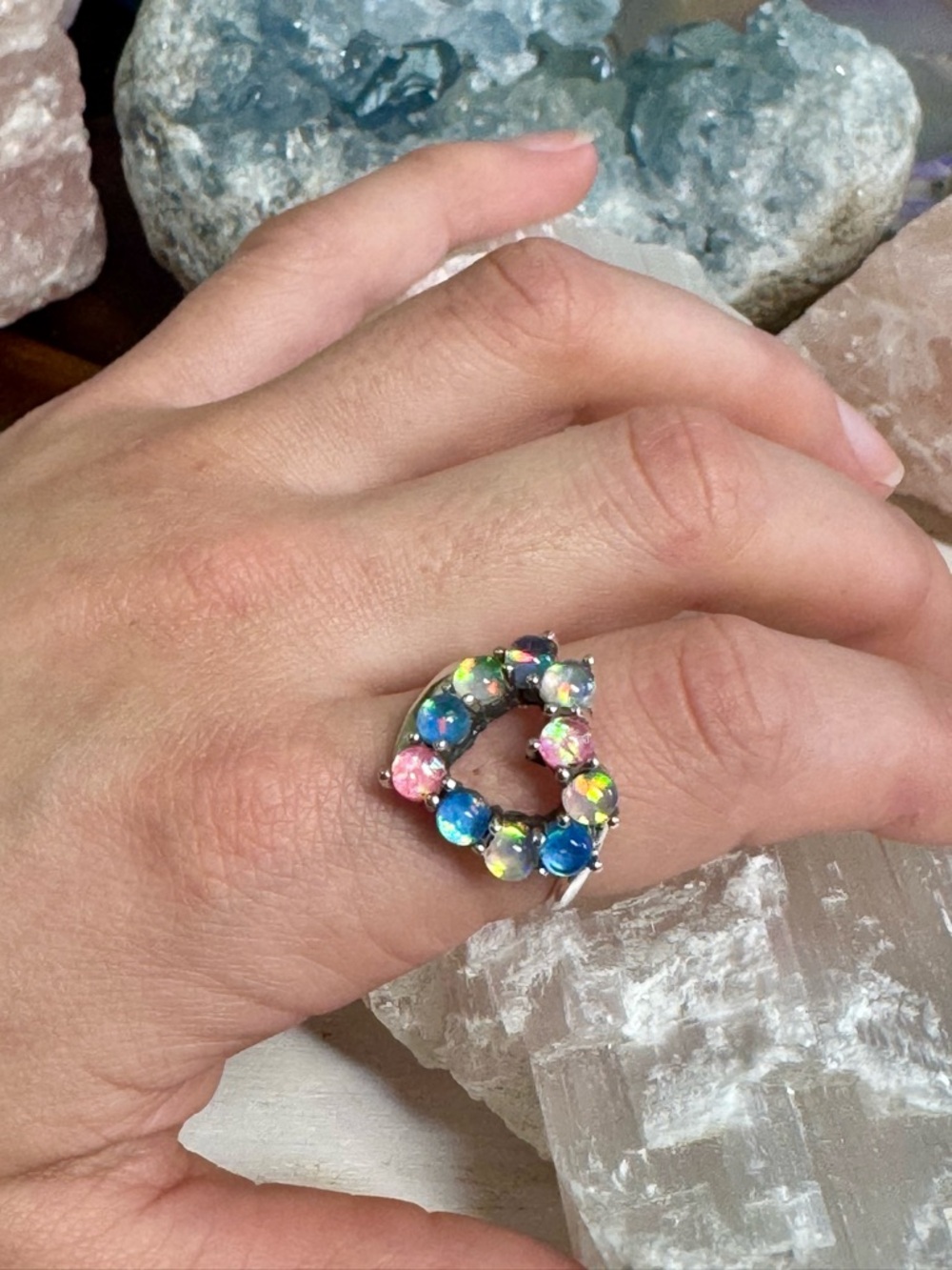 Balloon Opal Multicolour Sterling Silver Heart Ring - Size 9.25